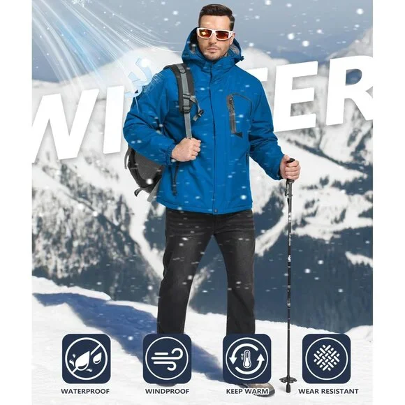 Men's Winter Blue Jackets Waterproof Warm Fleece Ski Jacket with Hood. - Picture 5 of 5